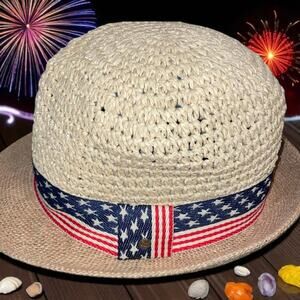 Steve Madden Fedora Hat Patriotic Band Stars Stripes Flag Paper Yarn Holiday OS
